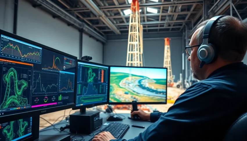 Geologists at www.geosteeringvision.com analyzing real-time drilling data in a vibrant oil and gas environment.