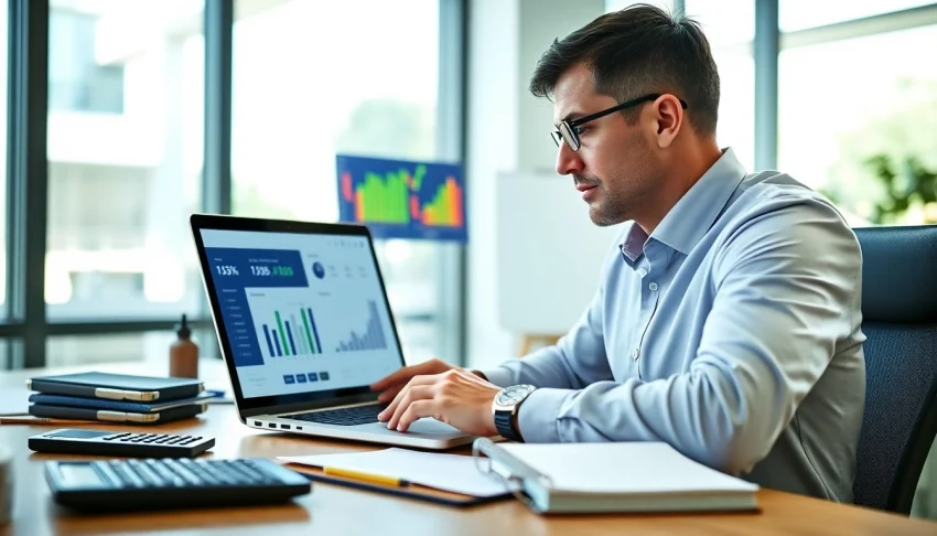Visual representation of budget visualizer on laptop screen in a modern office environment.