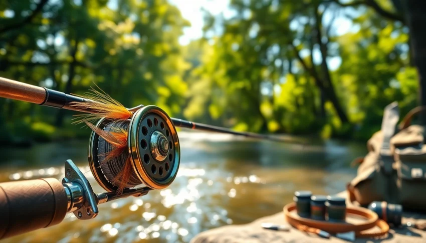 Fly fishing combo showcased beautifully by a river, highlighting the rod and vibrant lures.