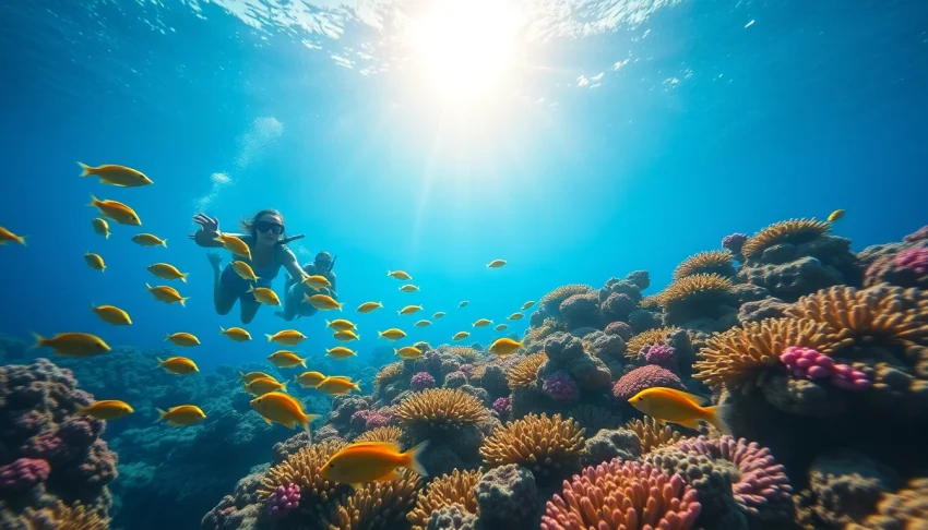 Snorkeling Puerto Rico scene with divers observing vibrant coral reefs and tropical fish.