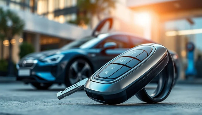Showcasing advanced Keys for electric cars with a sleek design in an urban setting.