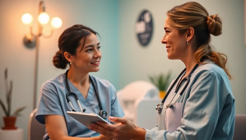 Engaging nurse interaction exemplifying VDAP supportive program in a calm healthcare setting.