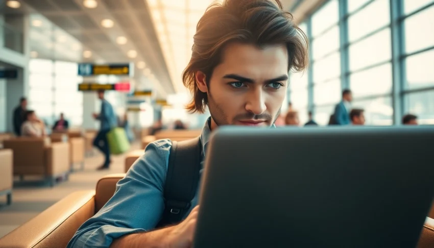 Traveler completing the uk eta online application in an airport lounge with focused expression.