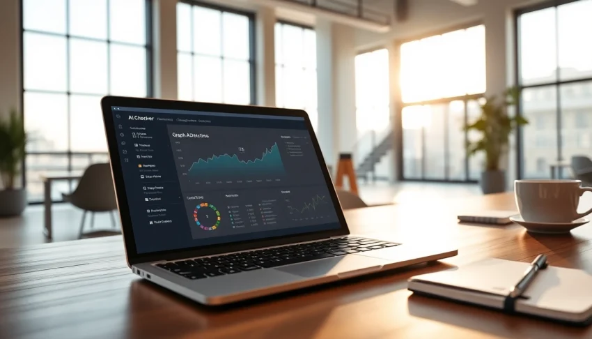 Evaluate AI-generated content with our AI checker tool visible on a laptop screen.