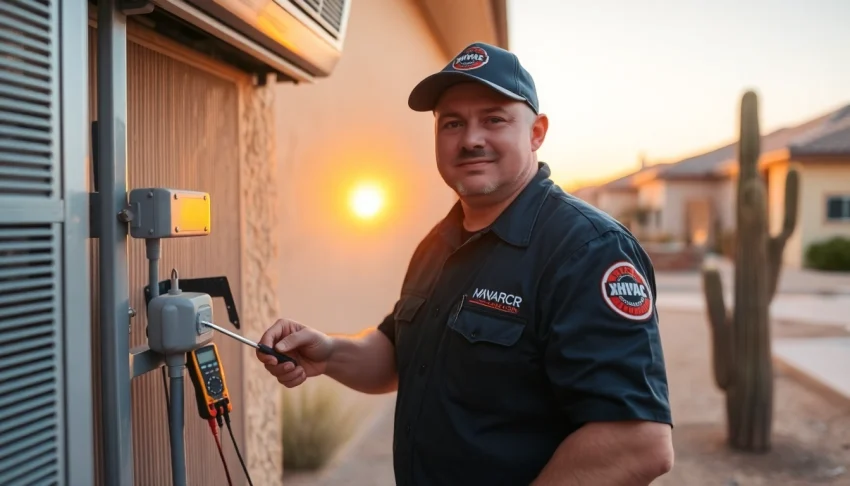 Professional HVAC technician performing ac repair mesa az services outside a home in Arizona.
