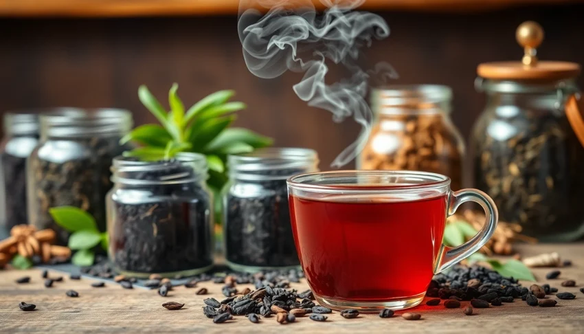 Experience the rich flavors of Loose leaf black tea with a steaming cup amidst elegant glass jars.