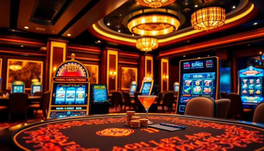 Menampilkan permainan slot luxury111 slot yang menarik dengan suasana kasino mewah dan pencahayaan yang hangat.