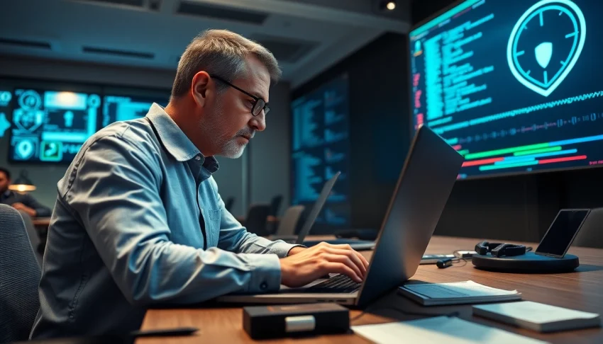 Penetrationstest durch einen Sicherheitsexperten in einem modernen Büro mit Laptop und Datenvisualisierungen.