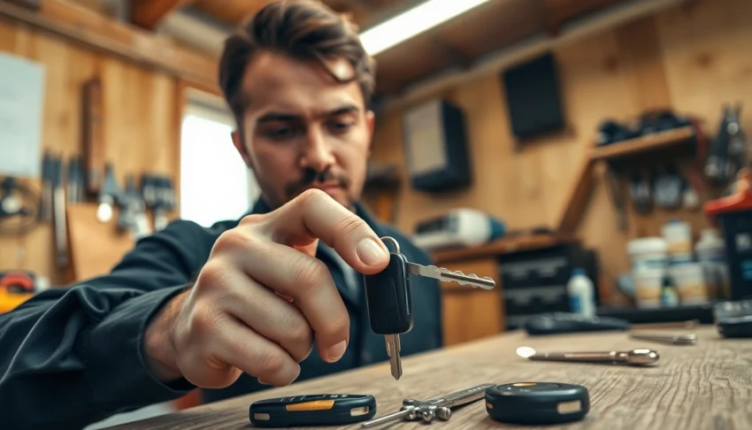 Locksmith creating new keys for lost car keys in a professional workshop