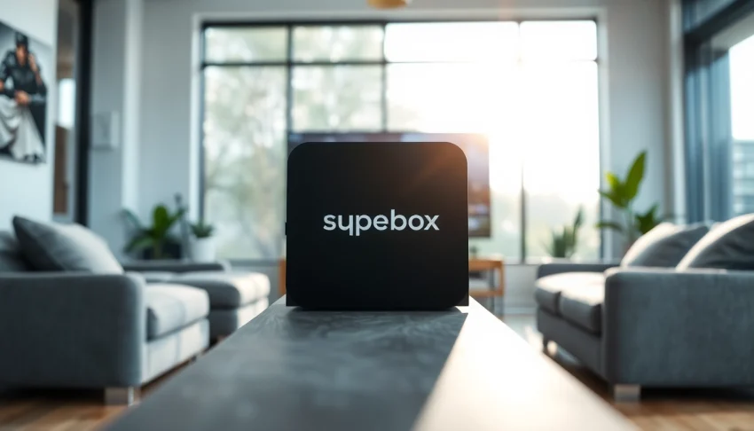 Showcase the superbox tv box in a cozy living room with modern decor and natural lighting.