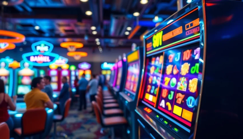 Mulai main game slot dengan mesin yang berwarna-warni dan antusiasme pemain di latar belakang.
