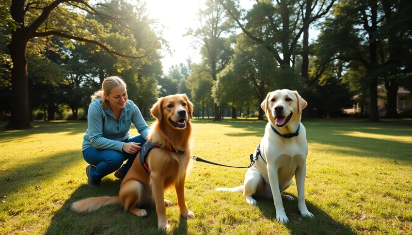 Trained service dogs for sale interacting happily with their handlers in a sunny park.