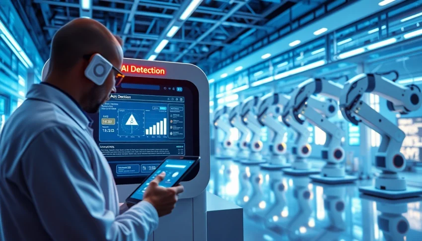 Analyze content with AI detection technology in a futuristic laboratory.