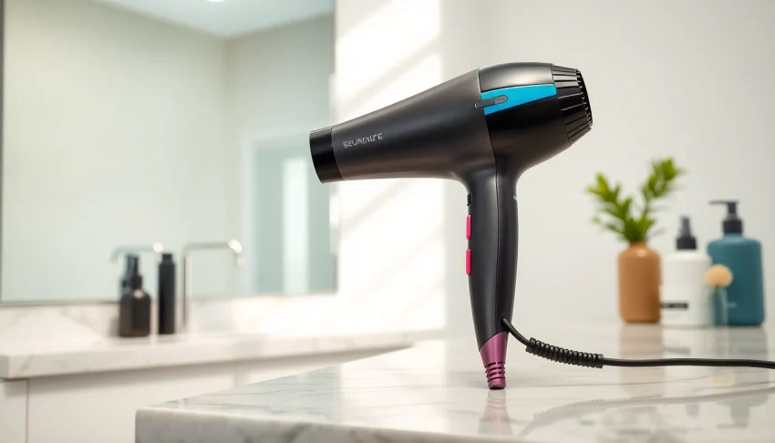 Stylish styler hair dryer showcased on marble countertop, featuring a sleek design and vibrant color accents.