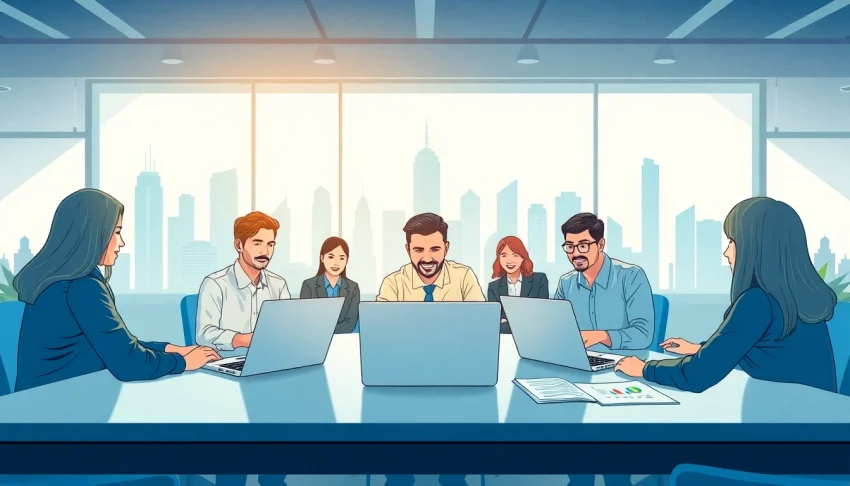 Showcasing a global business directory with professionals collaborating in an international workspace.