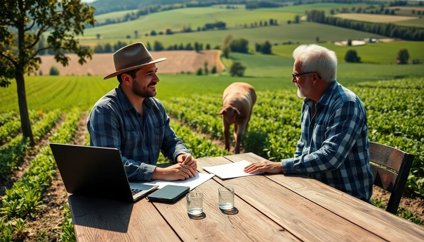 Agriculture lawyer advising a farmer in a sunny countryside, promoting legal solutions for agricultural needs.