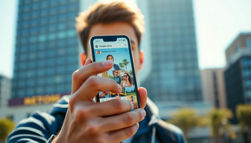 View Instagram stories anonymously on a smartphone in an urban setting.