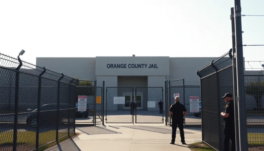 Orange County Jail entrance viewed with security features and professional guards overseeing it.