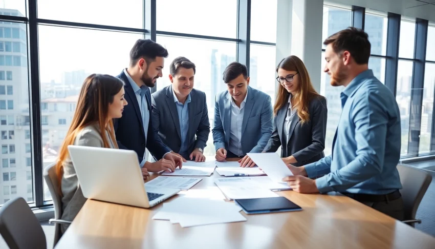 Engaged professionals in condo management discussing strategy in a modern office.