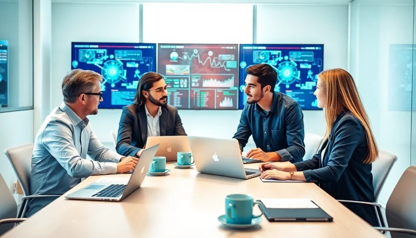 Teamwork in an IT support service meeting with laptops and data analytics visuals.
