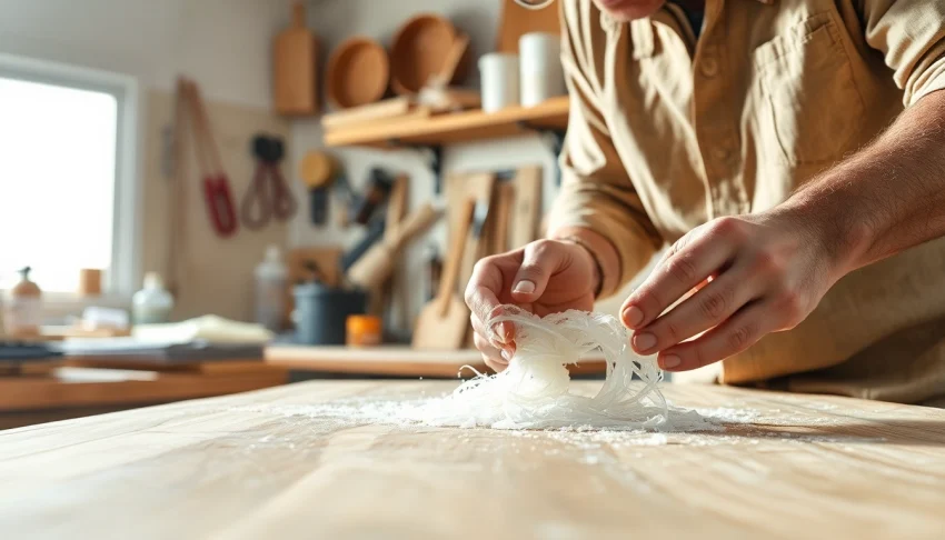Applying laminating resin with care, highlighting the craftsmanship in a well-lit workshop.