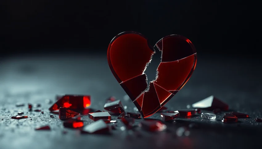 Expressing the pain of a relationship breakup through a shattered glass heart symbol.