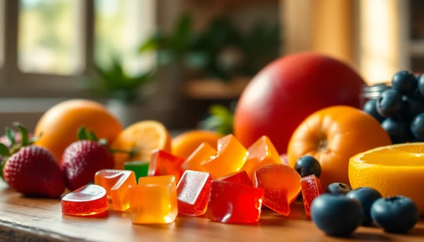 Colorful legal thc gummies displayed with fresh fruit highlighting their tantalizing appearance.
