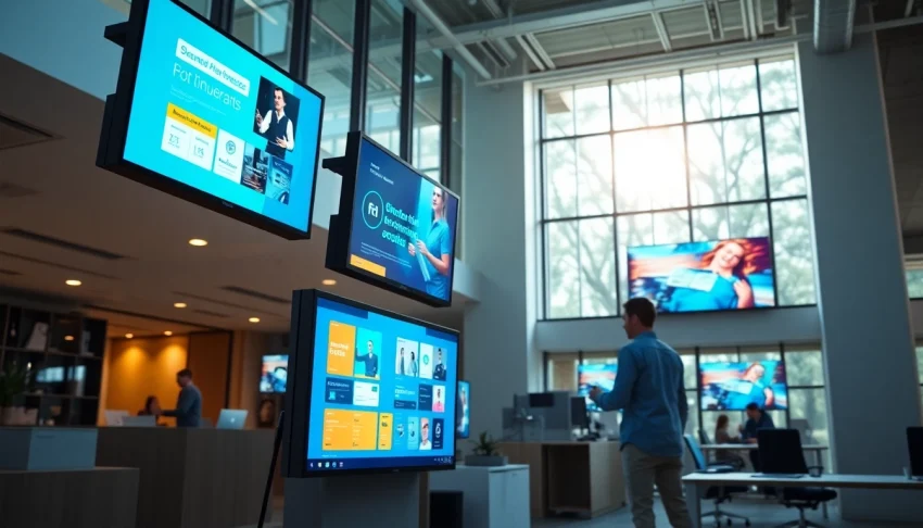 Engaging digital signage in a modern office setting displaying vibrant advertisements and information.