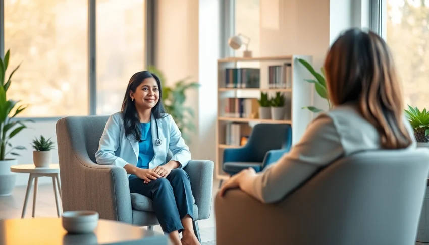 Engaging psychiatrist in a modern office setting, fostering a calm and supportive environment.