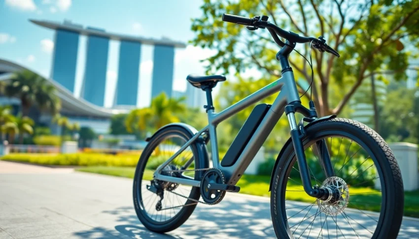 Riding Ebike Singapore in vibrant urban scenery, showcasing eco-friendly transportation.