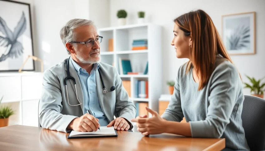 Psychiatrist engaging with a patient in a bright, welcoming office.