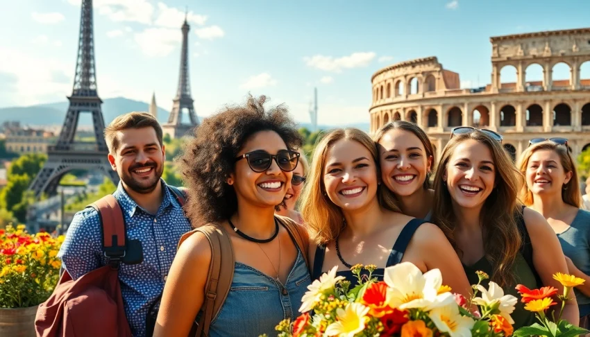 Experience the joy of a europe tour package from malaysia with friends against iconic European landmarks.