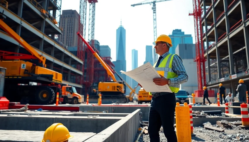 New York Construction Manager coordinating a busy construction site in Manhattan.