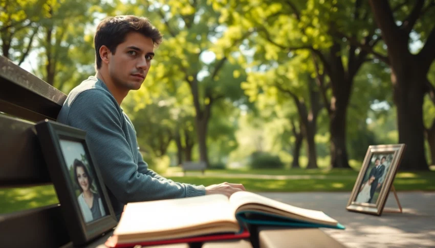 Individual dealing with grief in a peaceful park setting, reflecting on personal loss.
