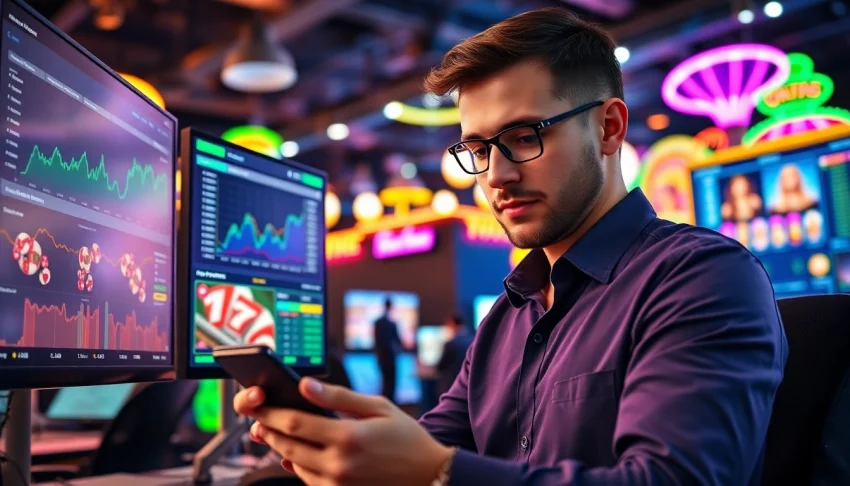 Engaging scene of a casino affiliate marketer analyzing data in a vibrant digital workspace.