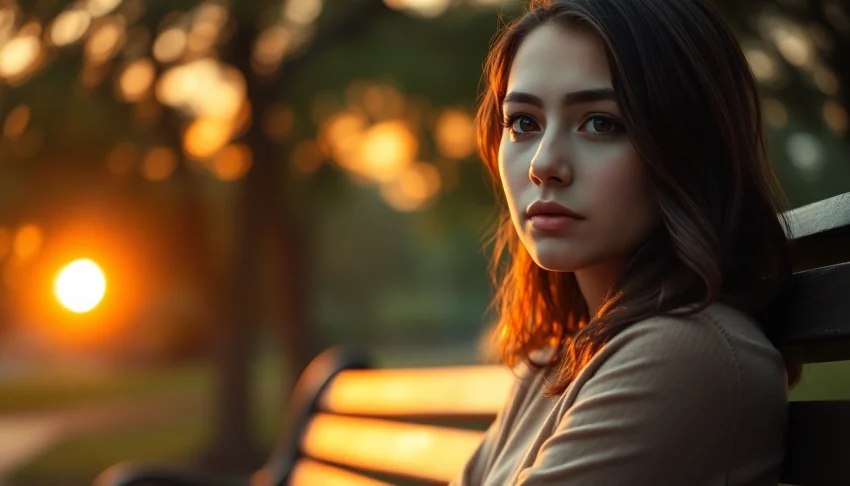 Woman reflecting on her relationship breakup in a serene park setting.