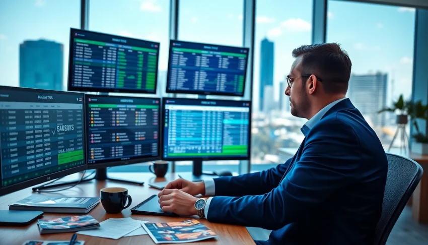 Analyze Betting Tips with a professional looking at sports statistics in an office environment.