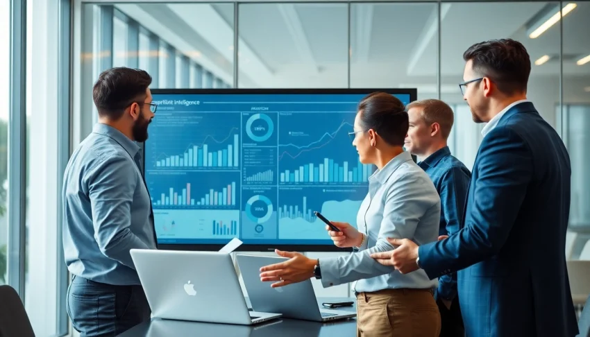 Analyzing competitive intelligence strategies with a diverse team in a modern office setting.