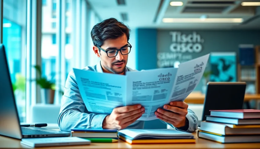 Renew Cisco Certification preparation with focused individual examining study materials in a bright office.