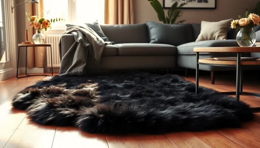 Transform your space with a luxurious black sheepskin rug, enhancing warmth and style.
