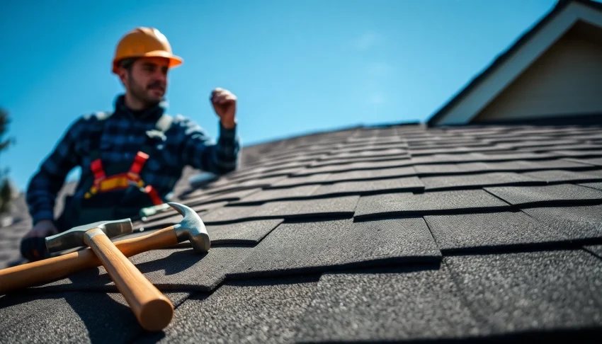Roof repair Vancouver Wa services being inspected by a professional roofer amidst a clear sky.