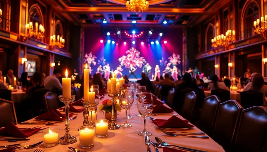 Experience the vibrant atmosphere of dinner shows in las vegas with an elegantly set table and captivating performances.