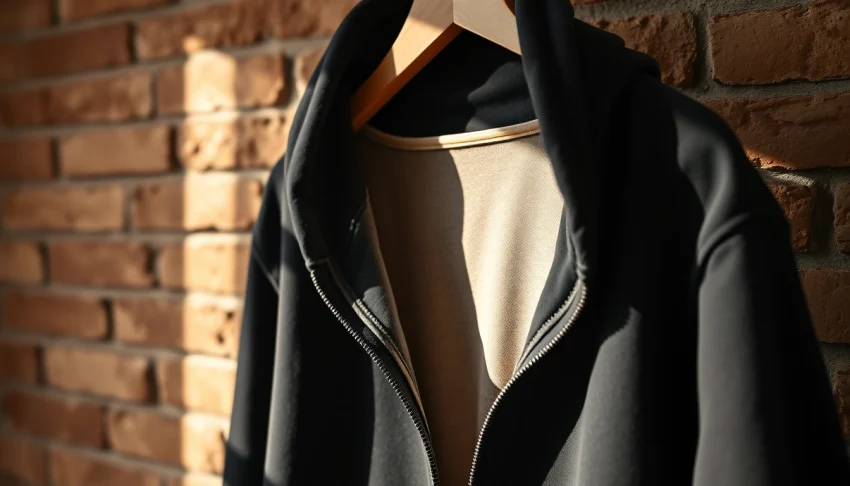 A stylish black zip up hoodie showcased against a textured background highlighting its quality and comfort.