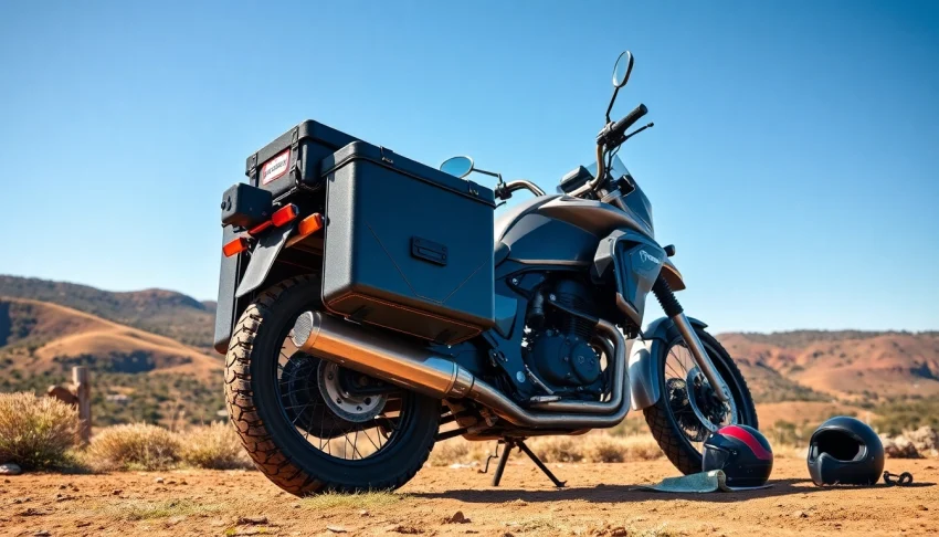 Showcasing motorcycle panniers Australia mounted on a rugged motorcycle in a vibrant outdoor setting.