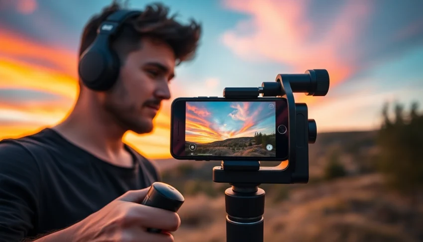 Filmmaker operating a gimbal for iPhone during a sunset, showcasing stability and creativity.