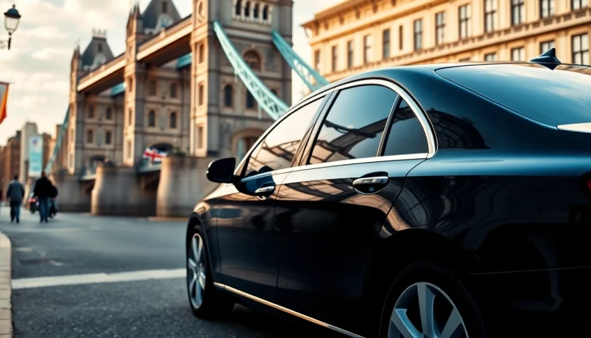 Experience a premium chauffeur service london with a luxurious black car and iconic landmarks.