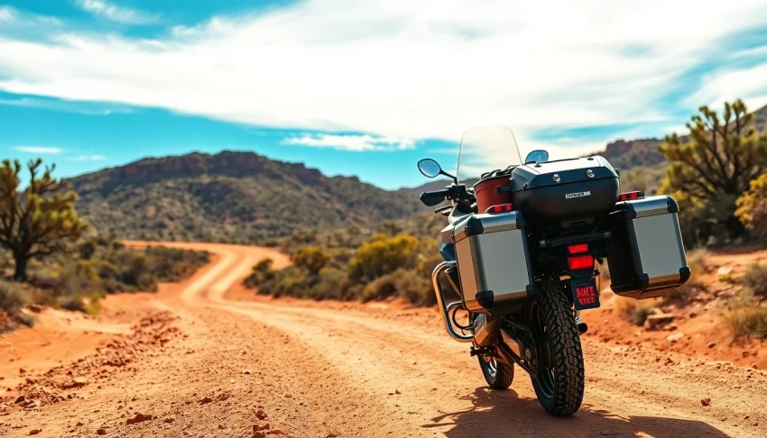 Explore motorcycle panniers Australia in a rugged outback setting highlighting durability and adventure.