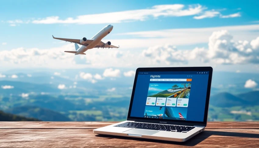 Book cheap flights online with a laptop against a soaring airplane and vibrant skies.