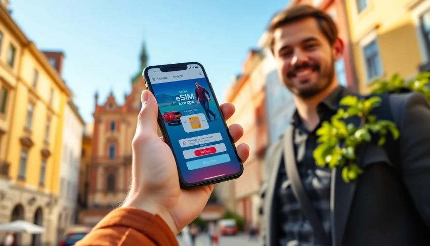 Stay connected with esim Europe in a vibrant city setting showcasing connectivity.