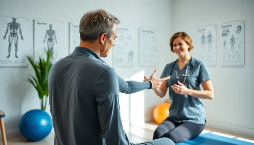 Physiotherapist providing shoulder pain relief exercises in a calming clinic environment.